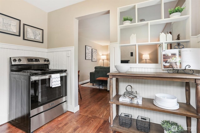 8153 34th Ave SW, Seattle, WA 98126 - kitchen featuring electric range, open shelves, and wood finished floors