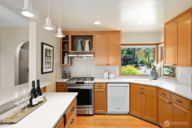 9423 45th Ave SW, Seattle, WA 98136 - kitchen with dishwasher, stainless steel gas range, light countertops, backsplash, and recessed lighting