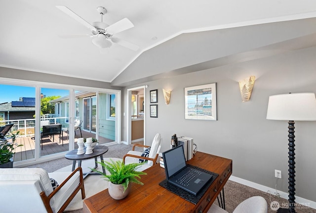 9423 45th Ave SW, Seattle, WA 98136 - office area featuring vaulted ceiling, ceiling fan, and carpet floors