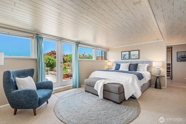 9423 45th Ave SW, Seattle, WA 98136 - bedroom featuring wooden ceiling, carpet, and access to exterior