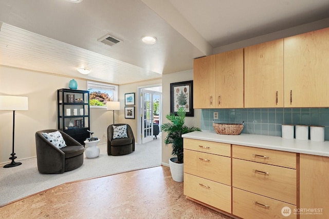 9423 45th Ave SW, Seattle, WA 98136 - kitchen featuring light brown cabinets, light countertops, decorative backsplash, and recessed lighting