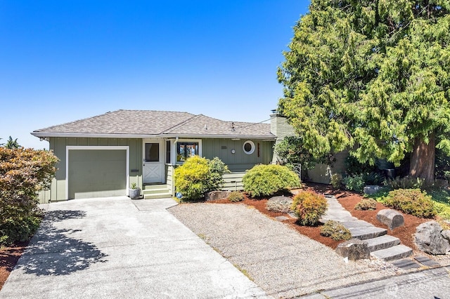 9423 45th Ave SW, Seattle, WA 98136 - ranch-style home featuring driveway, a garage, a shingled roof, and a chimney
