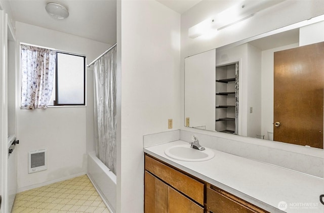 1200 Lenora Ct, Bellingham, WA 98225 - bathroom with vanity, heating unit, shower / tub combo, and tile patterned floors