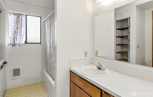 1200 Lenora Ct, Bellingham, WA 98225 - bathroom featuring vanity, heating unit, and shower / bathtub combination with curtain