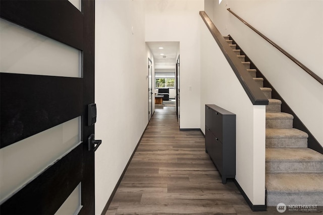 830 Mill Ave, Snohomish, WA 98290 - hall featuring wood finished floors, stairs, and recessed lighting