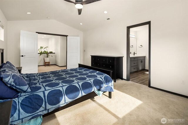 830 Mill Ave, Snohomish, WA 98290 - bedroom with carpet, lofted ceiling, ensuite bathroom, recessed lighting, and a ceiling fan