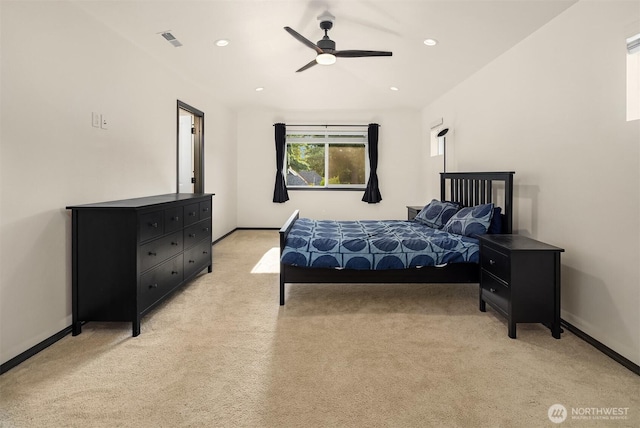 830 Mill Ave, Snohomish, WA 98290 - bedroom with light colored carpet, ceiling fan, and recessed lighting