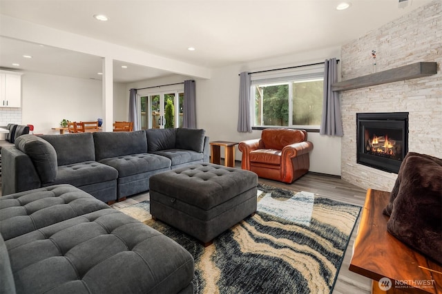 830 Mill Ave, Snohomish, WA 98290 - living area with recessed lighting, wood finished floors, and a fireplace