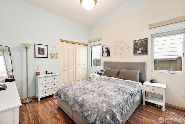 6036 Park St E, Fife, WA 98424 - bedroom featuring dark wood-style flooring, lofted ceiling, and a closet