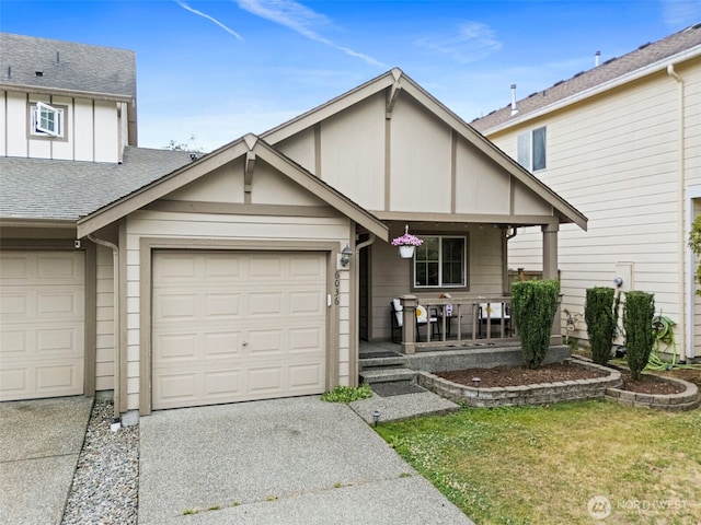 6036 Park St E, Fife, WA 98424 - view of front of house featuring a porch, driveway, a front yard, roof with shingles, and an attached garage