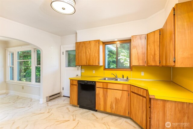 314 E 2nd St, Port Angeles, WA 98362 - kitchen with black dishwasher, a baseboard heating unit, light marble finish floors, light countertops, and brown cabinetry