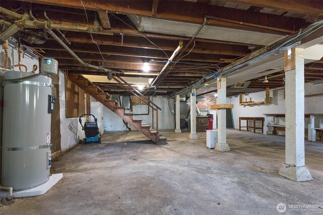 314 E 2nd St, Port Angeles, WA 98362 - unfinished below grade area featuring secured water heater and stairs