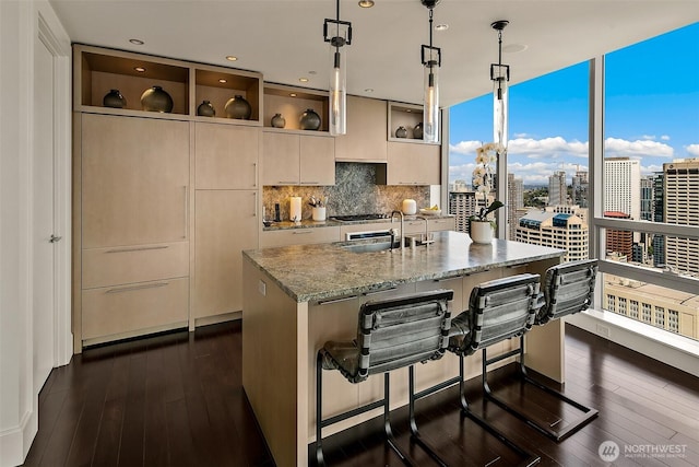 1521 2nd Ave Unit 3801, Seattle, WA 98101 - kitchen featuring light stone countertops, dark wood-type flooring, a center island with sink, tasteful backsplash, and a city view