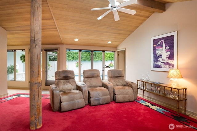 4802 E Mercer Way, Mercer Island, WA 98040 - living area featuring healthy amount of natural light, carpet flooring, wood ceiling, recessed lighting, and ceiling fan