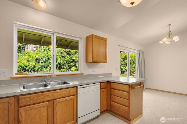 4050 NE 197th St, Lake Forest Park, WA 98155 - kitchen with dishwasher, a peninsula, vaulted ceiling, light floors, and a chandelier