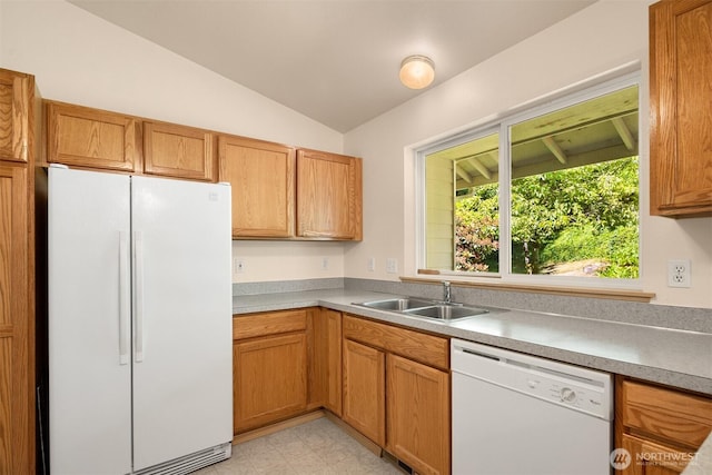 4050 NE 197th St, Lake Forest Park, WA 98155 - kitchen featuring white appliances and vaulted ceiling