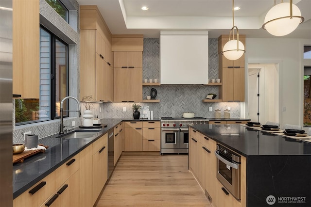 11618 NE 111th St, Kirkland, WA 98033 - kitchen with appliances with stainless steel finishes, open shelves, light brown cabinetry, modern cabinets, and recessed lighting