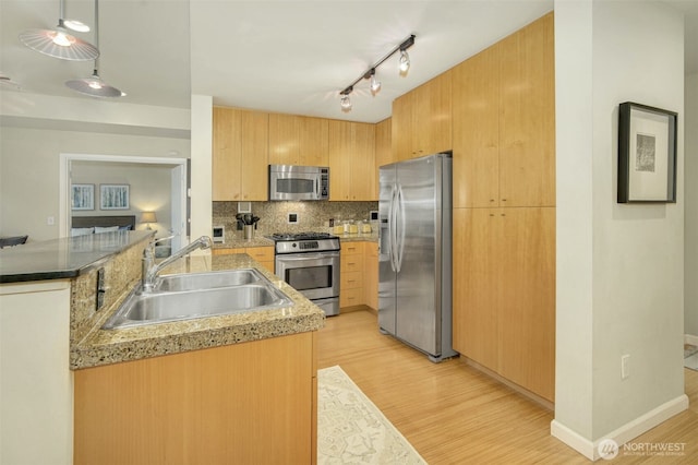 17 W Mercer St Unit 212, Seattle, WA 98119 - kitchen featuring appliances with stainless steel finishes, light wood-style flooring, a peninsula, tasteful backsplash, and rail lighting