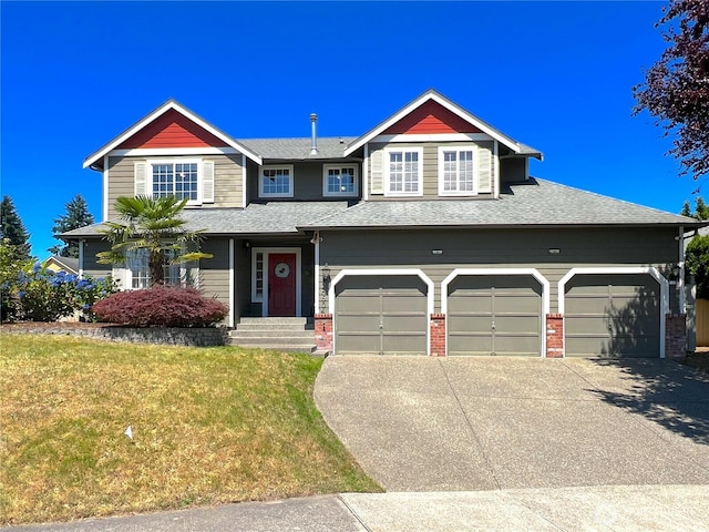 26504 126th Pl SE, Kent, WA 98030 - view of front of house with concrete driveway, a front lawn, brick siding, and roof with shingles
