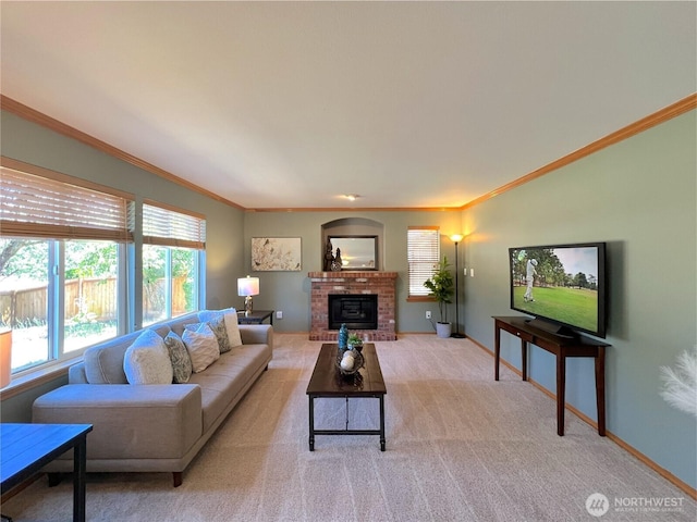 26504 126th Pl SE, Kent, WA 98030 - living room featuring crown molding, light colored carpet, and a brick fireplace