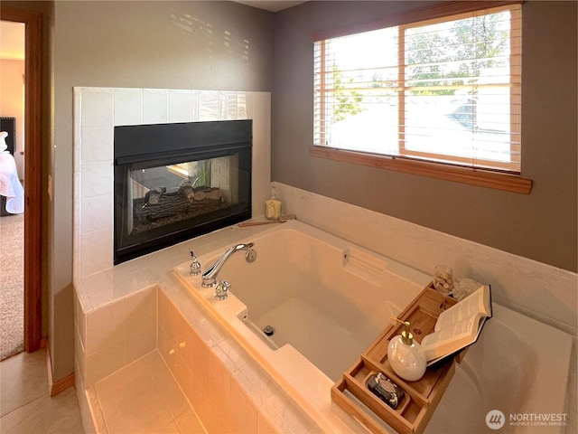 26504 126th Pl SE, Kent, WA 98030 - bathroom featuring a jetted tub, a fireplace, and tile patterned floors