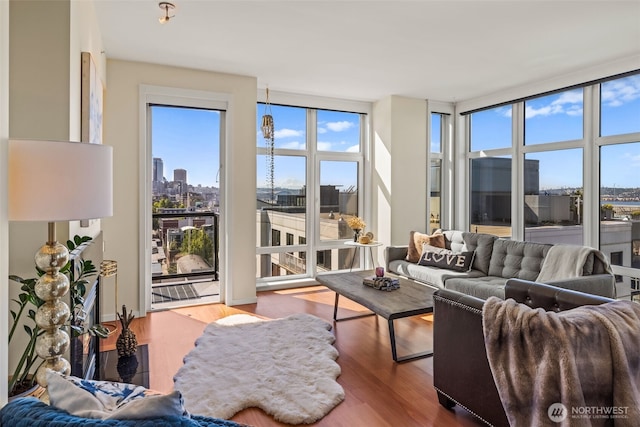 2721 1st Ave Unit 1101, Seattle, WA 98121 - living room featuring wood finished floors and a city view