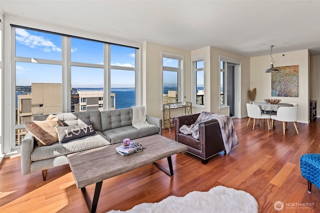2721 1st Ave Unit 1101, Seattle, WA 98121 - living room with healthy amount of natural light, a water view, and wood finished floors