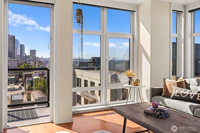 2721 1st Ave Unit 1101, Seattle, WA 98121 - living area featuring a skyline view and wood finished floors