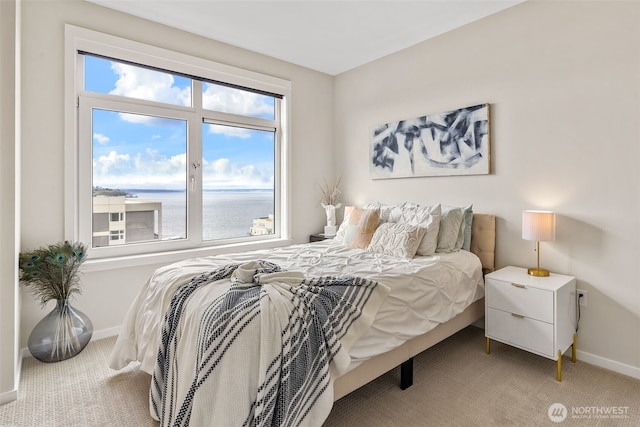 2721 1st Ave Unit 1101, Seattle, WA 98121 - bedroom featuring light carpet and a water view