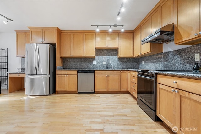 6405 Sand Point Way NE, Seattle, WA 98115 - kitchen with appliances with stainless steel finishes, rail lighting, range hood, and light wood-style flooring