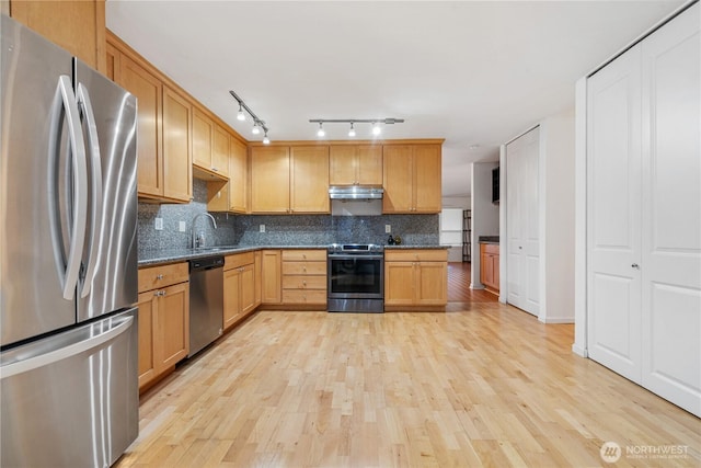 6405 Sand Point Way NE, Seattle, WA 98115 - kitchen with stainless steel appliances, under cabinet range hood, light wood-style floors, backsplash, and track lighting