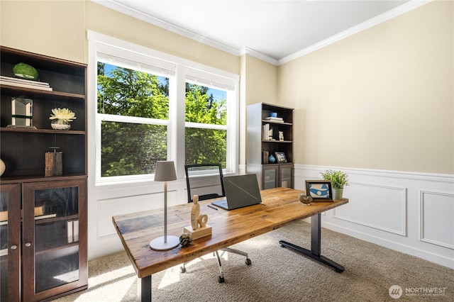 1501 209th Ave NE, Sammamish, WA 98074 - carpeted office with crown molding, a decorative wall, and a wainscoted wall