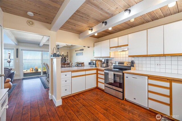 4421 Sucia Dr, Ferndale, WA 98248 - kitchen with white dishwasher, electric range, under cabinet range hood, dark wood-style floors, and light countertops
