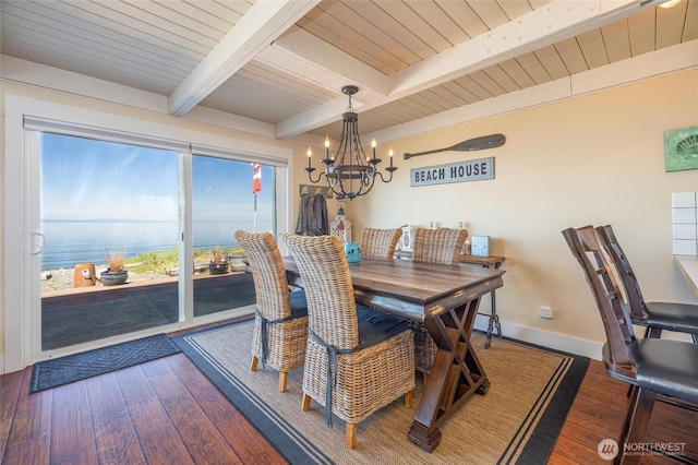 4421 Sucia Dr, Ferndale, WA 98248 - dining space with a chandelier, hardwood / wood-style flooring, and a wooden ceiling with exposed beams