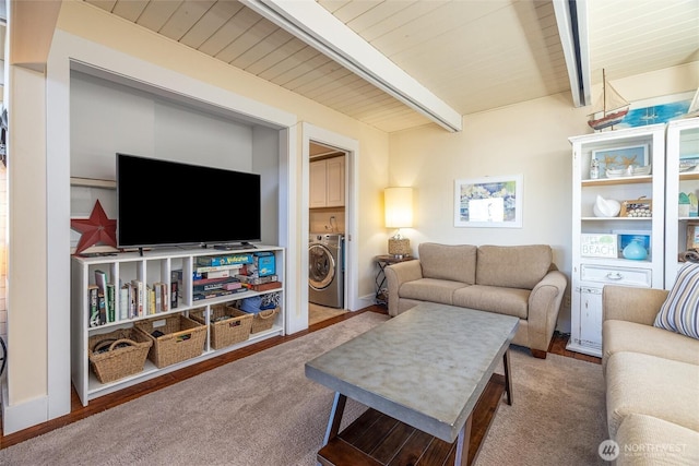 4421 Sucia Dr, Ferndale, WA 98248 - living room with washing machine and clothes dryer and a wooden ceiling with exposed beams
