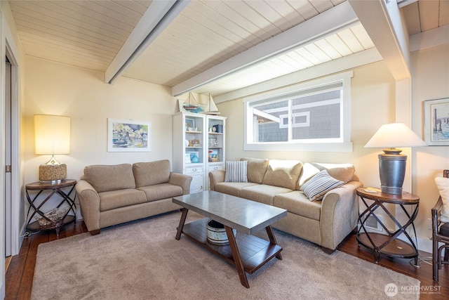 4421 Sucia Dr, Ferndale, WA 98248 - living area with wood finished floors and a wooden ceiling with exposed beams