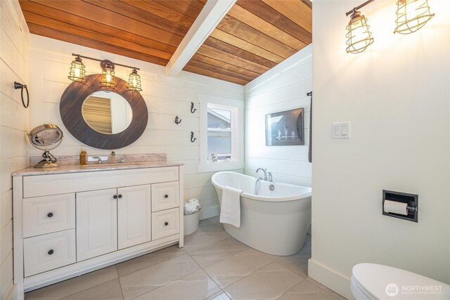 4421 Sucia Dr, Ferndale, WA 98248 - full bath with wood ceiling, a freestanding tub, vanity, and marble look tiles
