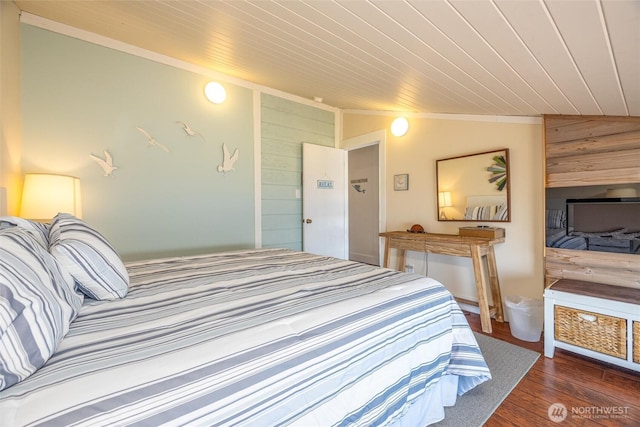 4421 Sucia Dr, Ferndale, WA 98248 - bedroom featuring wood finished floors, crown molding, wood ceiling, and wood walls