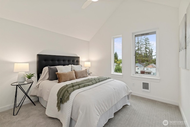 1323 N 185th St Unit A, Shoreline, WA 98133 - bedroom featuring light carpet, lofted ceiling, and ceiling fan