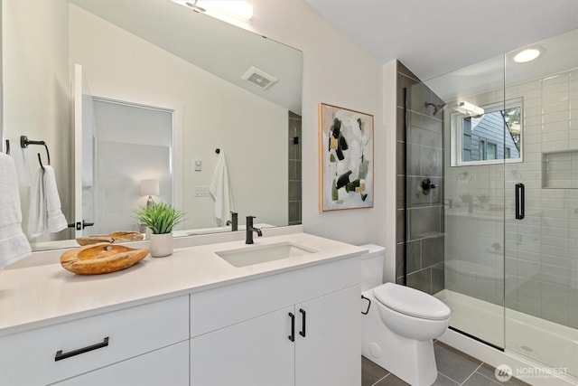 1323 N 185th St Unit A, Shoreline, WA 98133 - full bath featuring vanity, a shower stall, and tile patterned floors