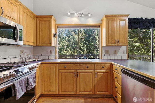 2417 179th Ave E, Lake Tapps, WA 98391 - kitchen featuring appliances with stainless steel finishes, light wood-type flooring, and lofted ceiling