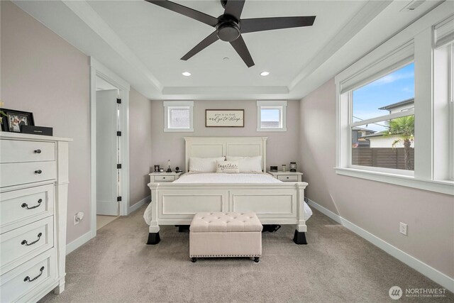 1118 26th St NW, Puyallup, WA 98373 - bedroom featuring carpet floors, a raised ceiling, a ceiling fan, and recessed lighting