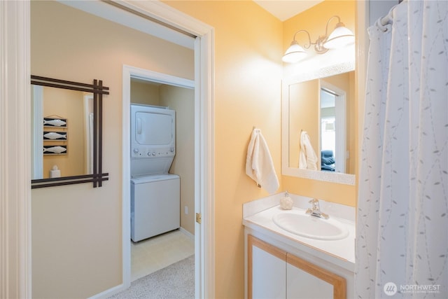 618 12th St, Bellingham, WA 98225 - bathroom with stacked washer / drying machine and vanity