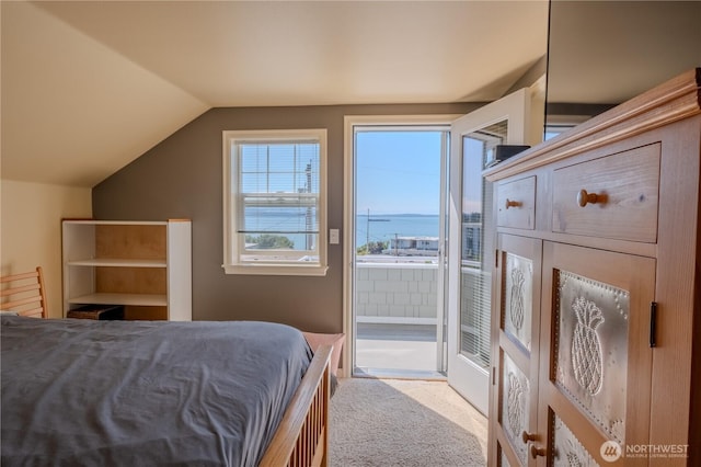 618 12th St, Bellingham, WA 98225 - bedroom featuring access to outside, carpet floors, lofted ceiling, and a water view
