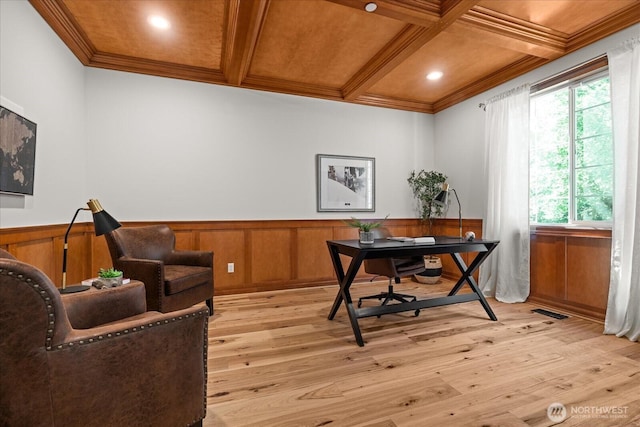 19735 183rd Way SE, Renton, WA 98058 - office with light wood finished floors, coffered ceiling, crown molding, wainscoting, and beamed ceiling