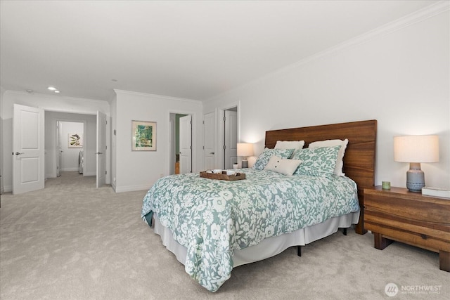 19735 183rd Way SE, Renton, WA 98058 - bedroom featuring light colored carpet, ornamental molding, and recessed lighting