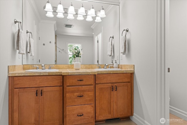 19735 183rd Way SE, Renton, WA 98058 - full bath with ornamental molding, double vanity, and a shower