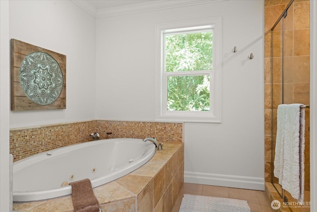 19735 183rd Way SE, Renton, WA 98058 - full bathroom featuring a jetted tub, tile patterned floors, ornamental molding, and tiled shower