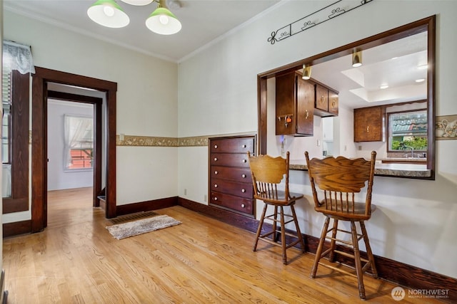 511 N Iron St, Centralia, WA 98531 - kitchen with crown molding, light wood-style floors, dark countertops, and a breakfast bar area