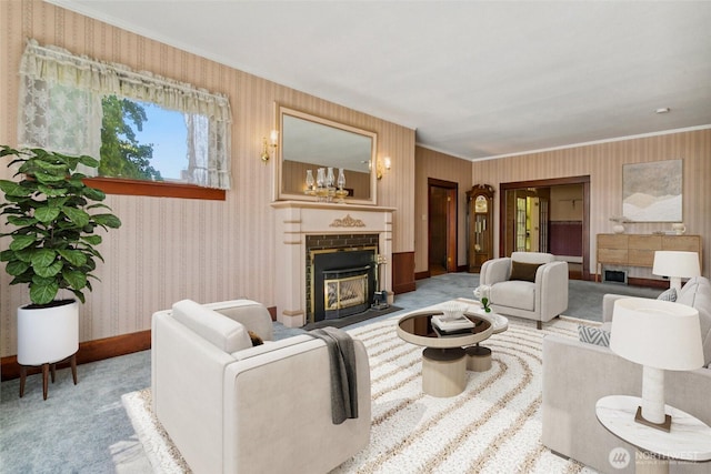 511 N Iron St, Centralia, WA 98531 - living room featuring carpet floors, wallpapered walls, ornamental molding, and a fireplace